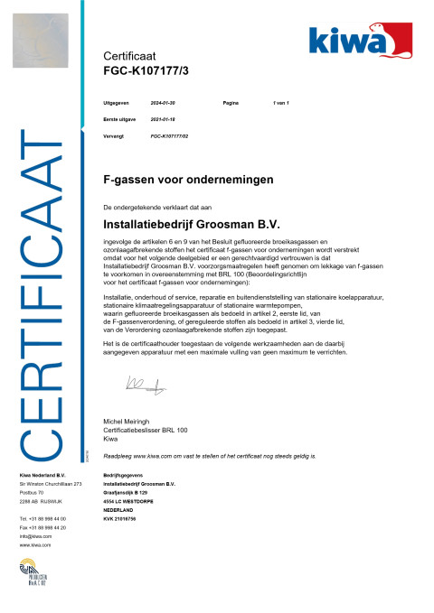 Certificate FGC K107177 Installatiebedrijf Groosman B.V